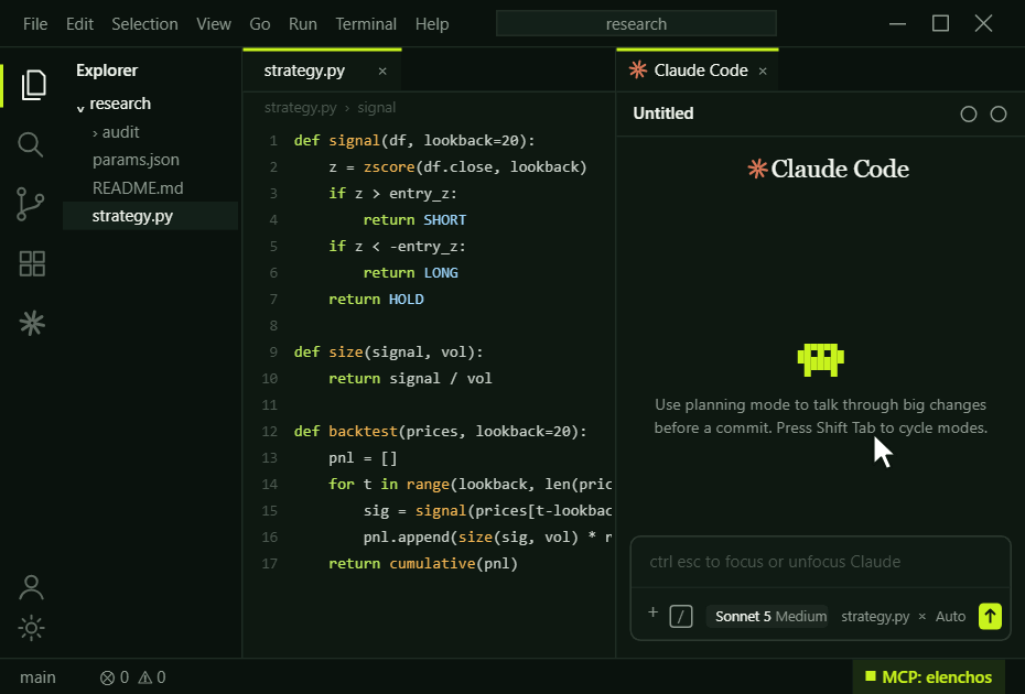 Connecting Elenchos to an AI agent via MCP inside an editor, shown with Claude Code, then asking it to audit a backtest